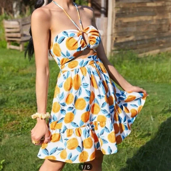 SHEIN | Dresses | Shein Fruit Print Tie Back Cutout Ruffle Hem Shirred Halter  Dress | Poshmark